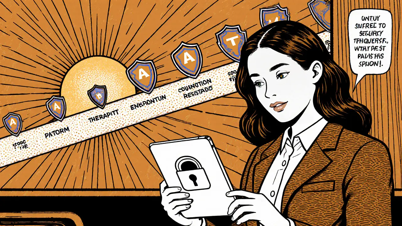 Terapeut s tabletem ukazuje kvantově odolné šifrování a rostoucí poptávku.