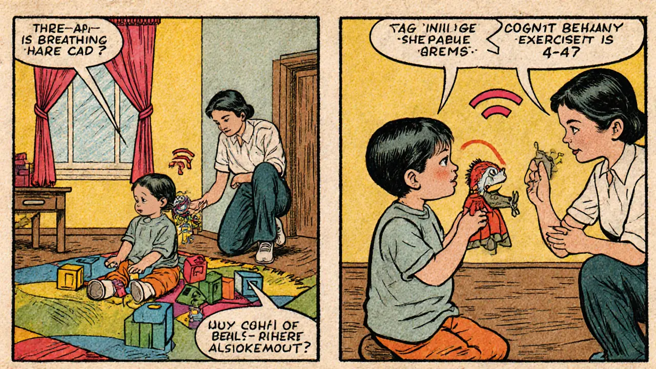 Terapeut vede čtyřleté dítě hravou terapií a dechovým cvičením.