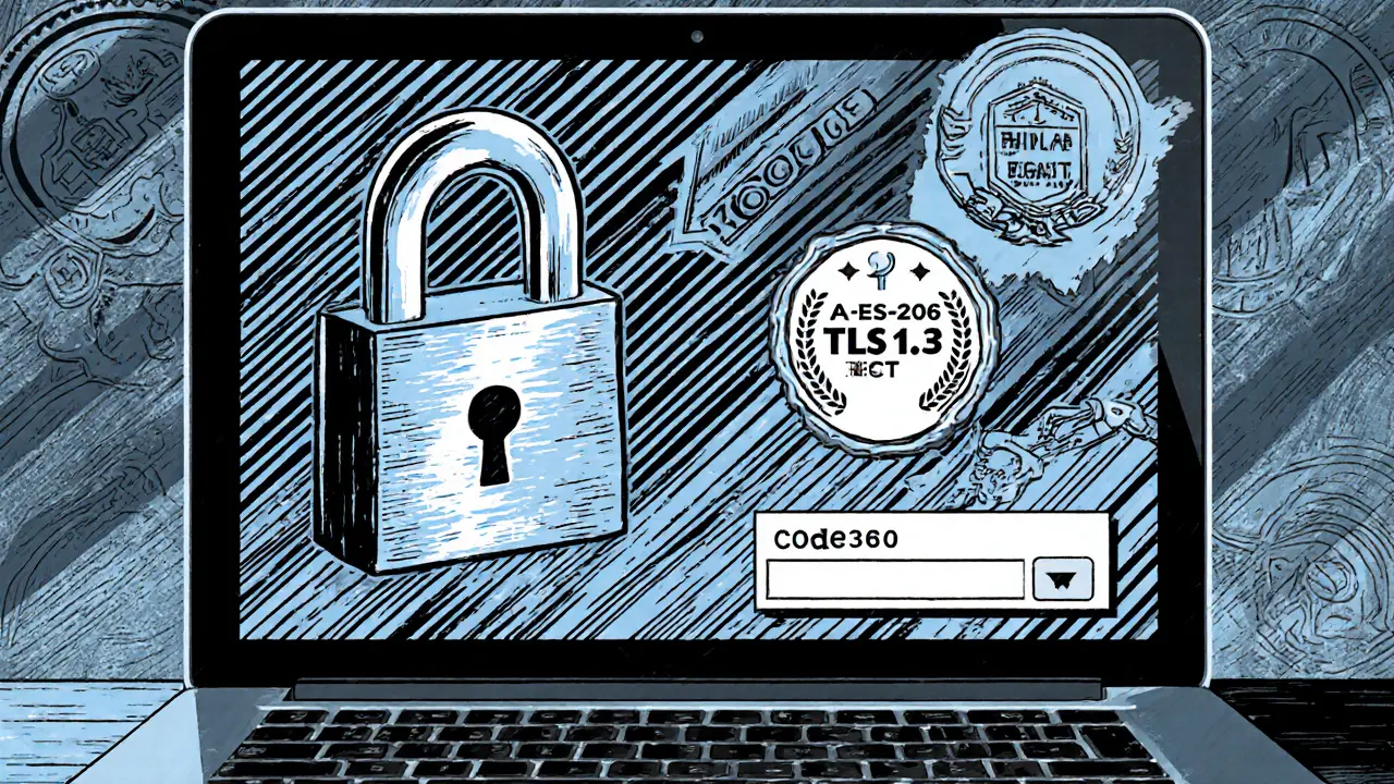 Záblýsk na obrazovce laptopu ukazuje AES‑256, TLS 1.3 a 2FA.