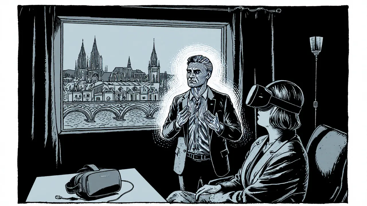 Současná terapie v Praze: tělesné cvičení, VR headset a klient.