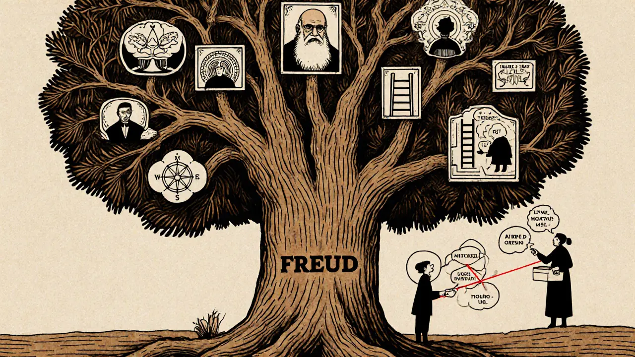 Strom psychoterapie s větvemi Jung, Adler a moderní CBT.