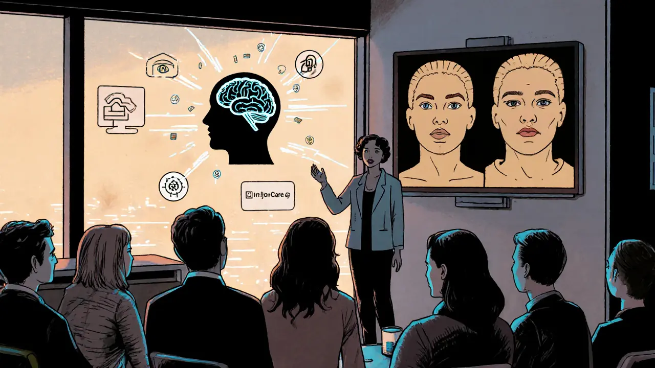Hybridní terapie: část lidí v místnosti, část na obrazovce, AI analyzuje výrazy, woodcut styl.