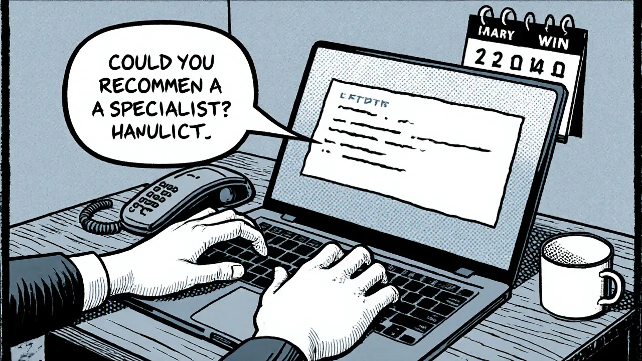 Klient píše žádost o doporučení u stolu, s myšlenkovou bublinou.