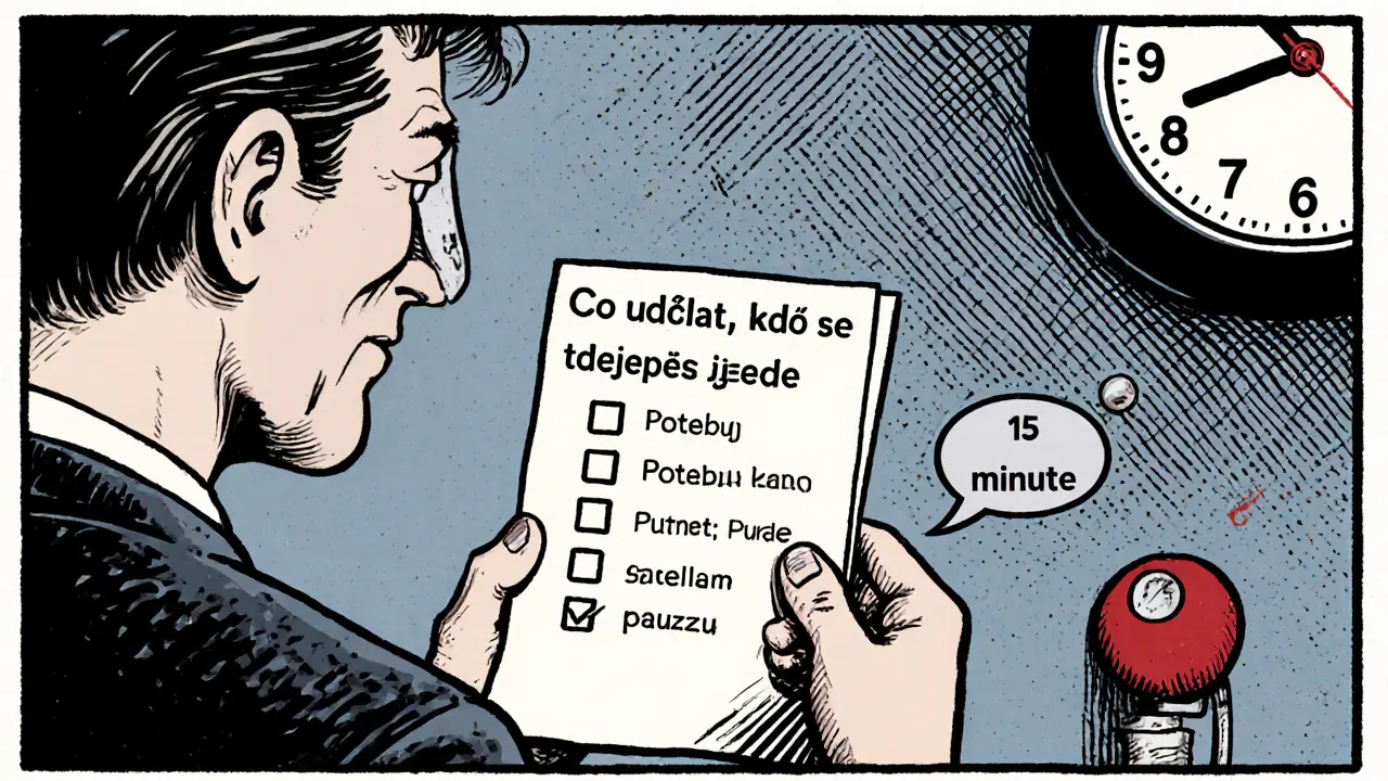 Klient ukazuje kontrolní seznam a žádá o pauzu, terapeut souhlasí.
