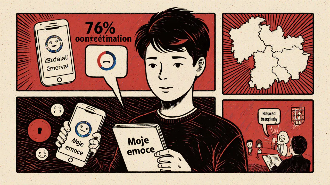 Mladý pacient s deníkem a aplikací, ukazující úspěchy MBT v ČR, komiksový dřevoryt.