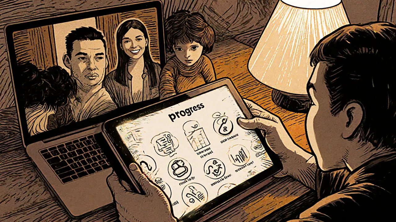 Rodina používá tablet s terapií online, terapie se zobrazuje na obrazovce.