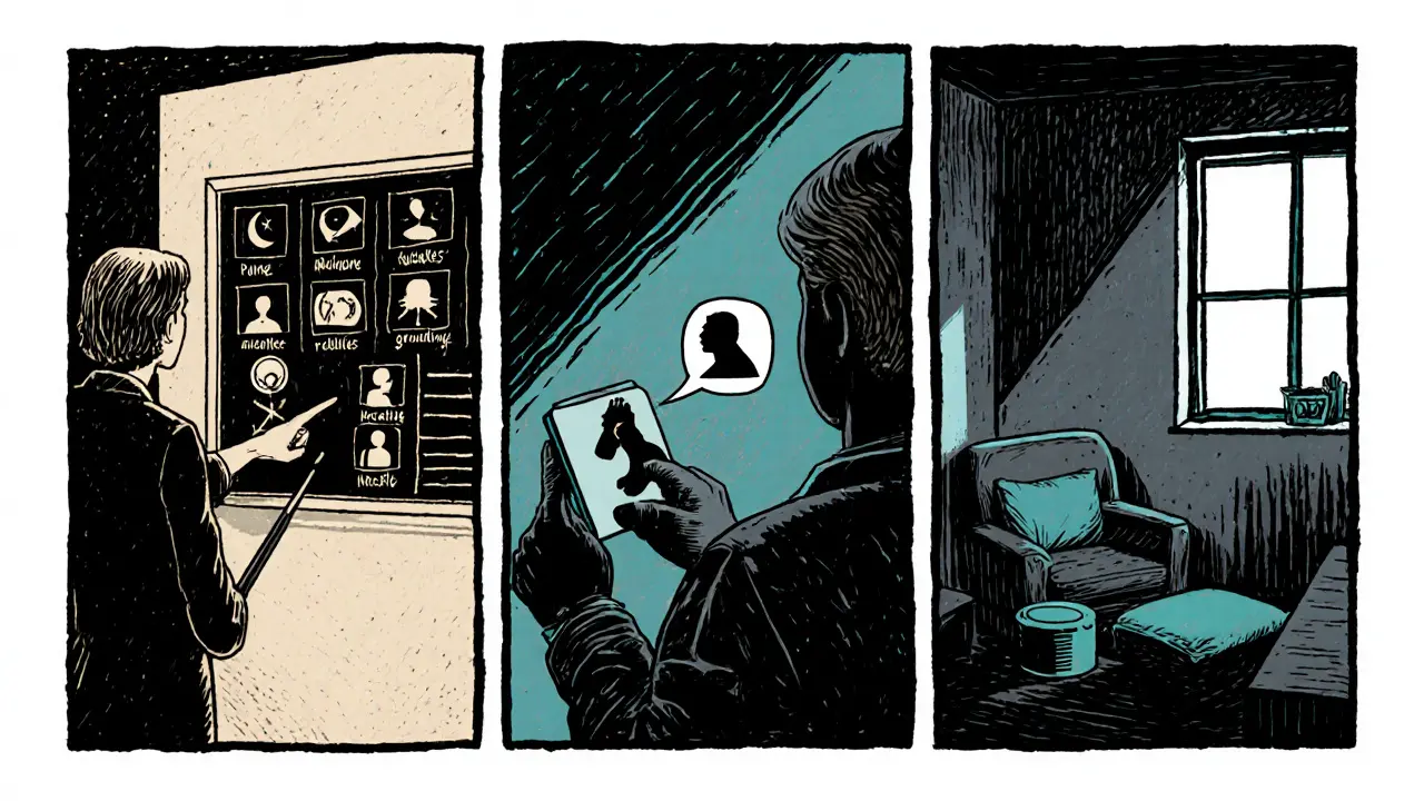 Rozdělený panel ukazuje varovné signály, kontakty a bezpečný pokoj během tvorby plánu.