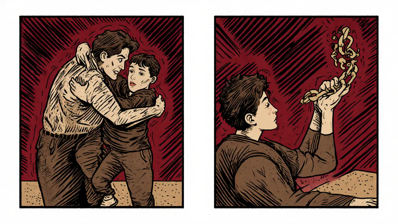 Scéna role‑play: otec přehnaně drží syna, terapeut ukazuje rozbitý řetěz.