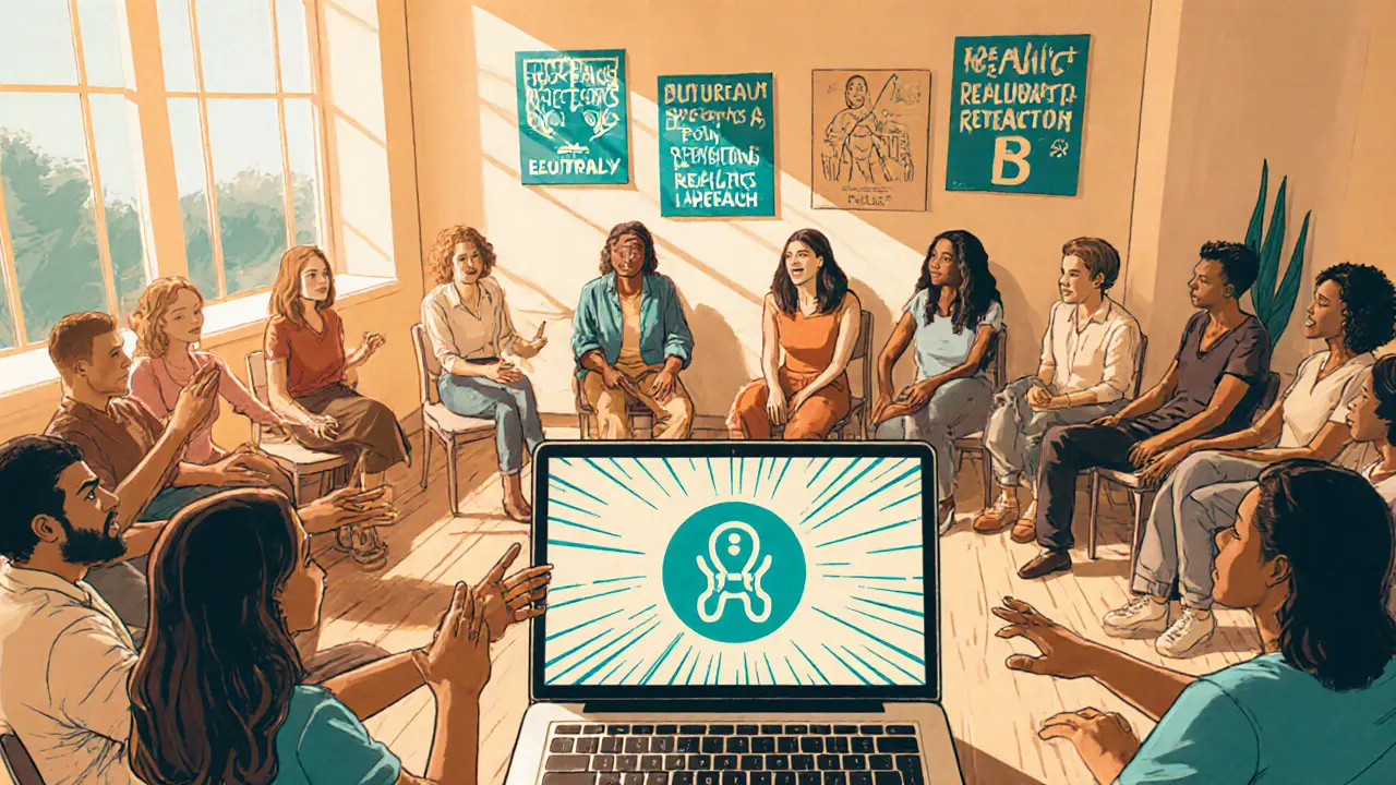 Skupina lidí na workshopu podporující zdravý tělesný obraz.