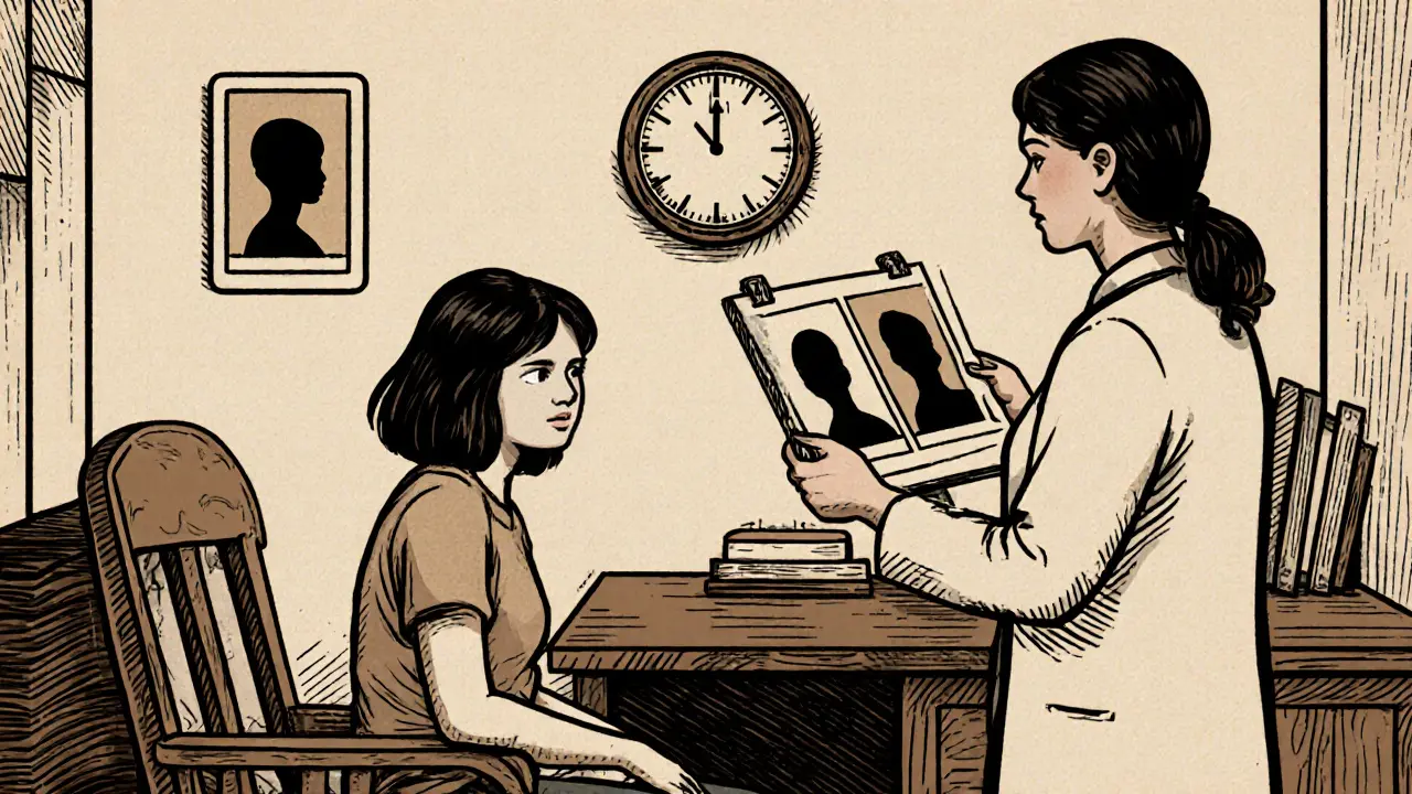 Terapeut a klientka analyzují retušované snímky v kanceláři.