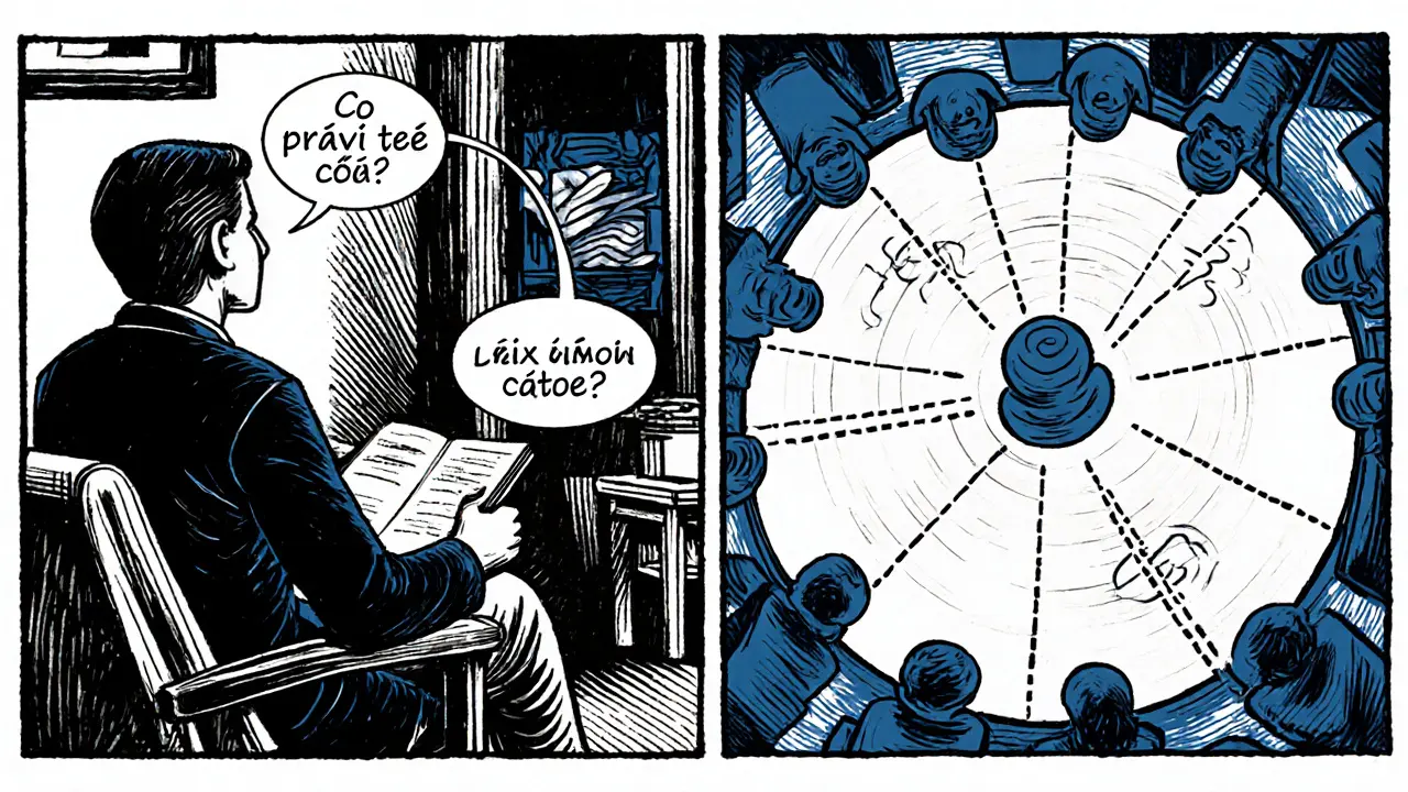 Terapeut a pacient během MBT sezení, s myšlenkovými bublinami, komiksový dřevoryt.