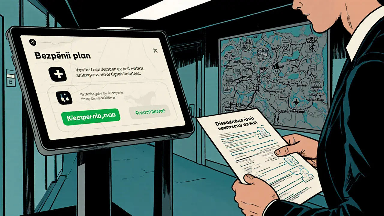 Terapeut předává papírový plán a ukazuje digitální aplikaci v moderním klinickém prostředí.