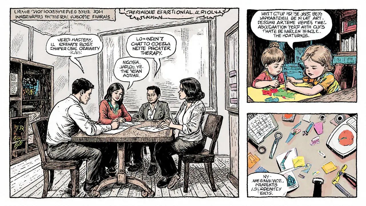 Terapeut, rodiče a učitel společně vytvářejí individuální plán, obklopeni panely CBT, arteterapie a ergoterapie.