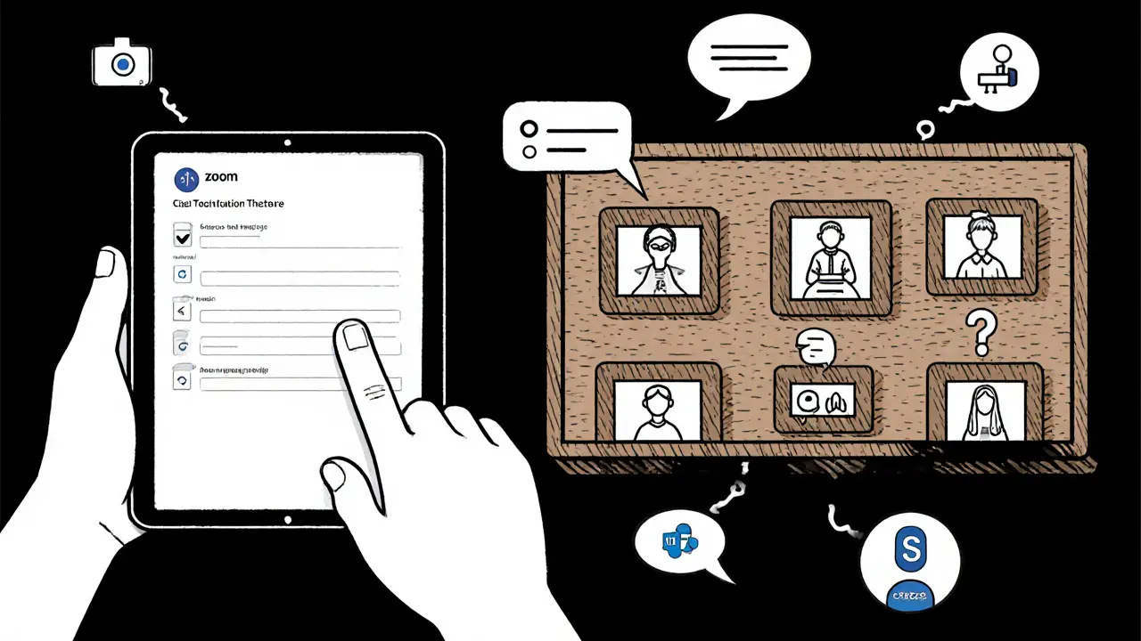 Uživatel vyplňuje registraci a provádí test, vedle něj probíhá online skupinová terapie s chaty a ikonami.