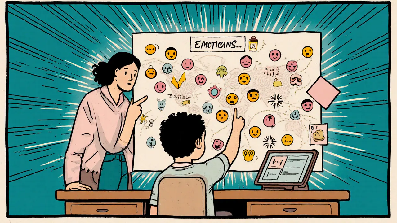 Dítě umisťuje barevné ikony na emocionální mapu, terapeut a rodič ho podporují, světlo naznačuje naději.