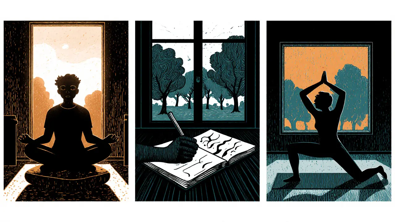 Mladý dospělý meditujte, zapisuje si do deníku a cvičí jógu ve stylu panelů.