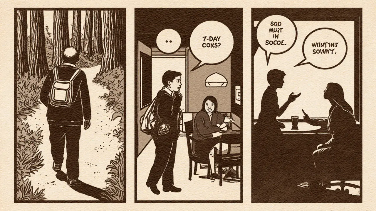 Pacient po terapii solo na výletě, asertivně mluví s přáteli a dostává podporu od terapeuta.