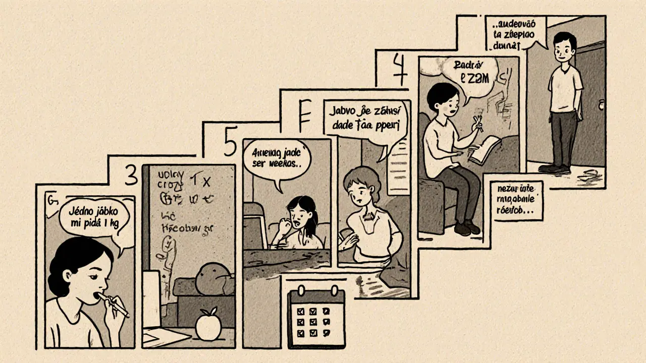 Sedm panelů znázorňujících kroky restrukturalizace: myšlenka, deník, experiment, úspěch, nová víra, podpora rodiny, kontrola.