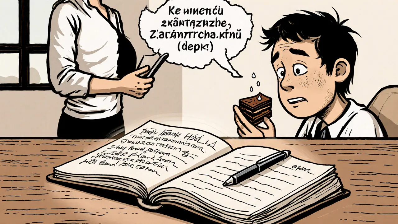 Terapeut a pacient s kouskem dortu, pacient zápasí s úzkostí, deník otevřený na stole.