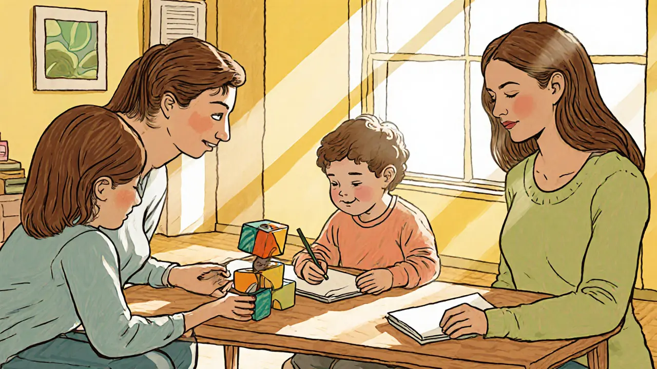 Terapeut, dítě a rodič hrají u dřevěného stolu, používají hračku a kreslící sešit, atmosféra je klidná.