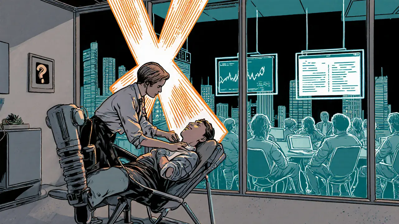 Terapeut používá světelnou terapii, zatímco za oknem je městská scéna s digitálními ukazateli.