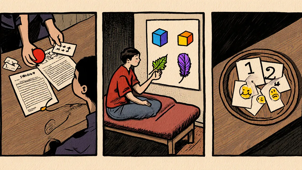 Adaptované cvičení &quot;5‑4‑3‑2‑1&quot; s objektovými kartami, senzitivními pomůckami a emotikonovými kartami.