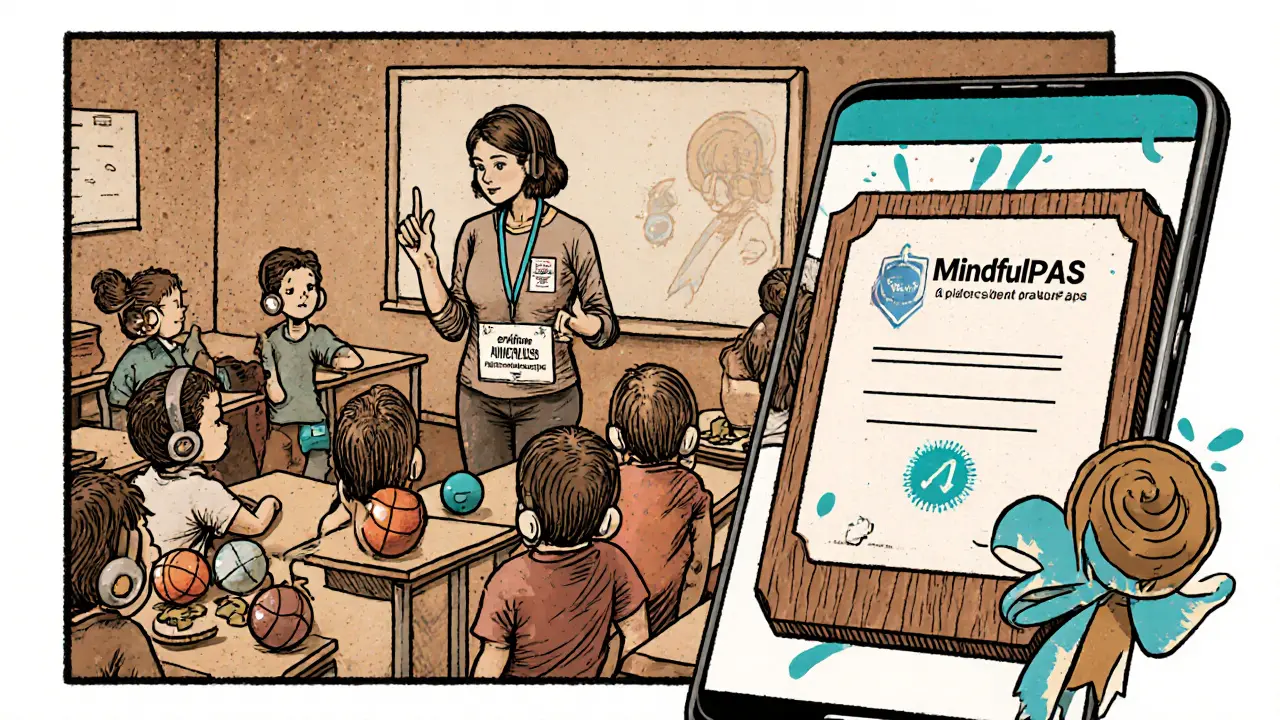 Instruktor s certifikátem vede skupinu dětí, každý s hmatovou koulí, a ukazuje aplikaci MindfulPAS.