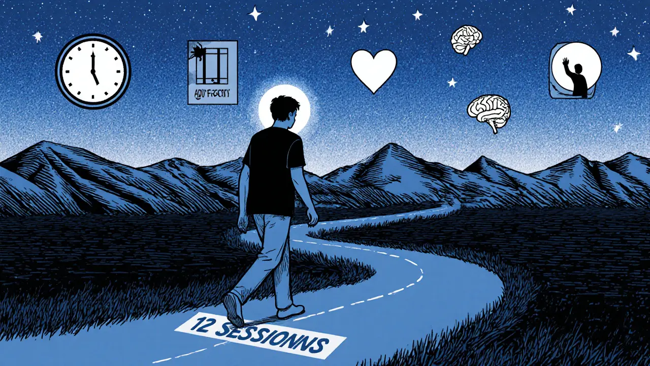 Osoba kráčí dvěma cestami – jedna krátká, druhá dlouhá – pod hvězdnou oblohou s symboly duševního zdraví.