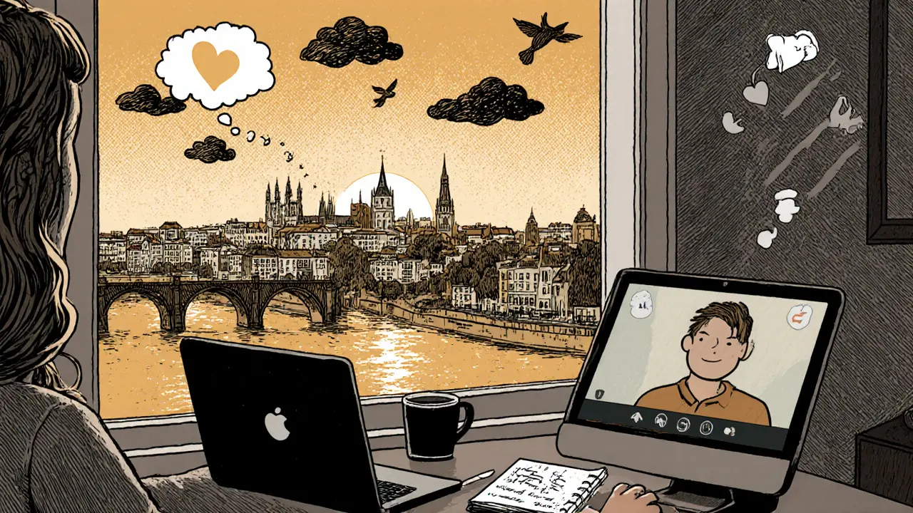 Osoba na online konzultaci při východě slunce, myšlenky se mění z tmy do světla.