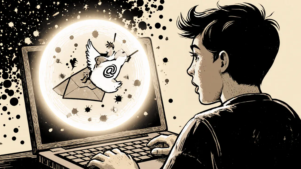 Osoba odesílá e-mail s chybou, zatímco kolem ní vzniká klidná zóna světla.