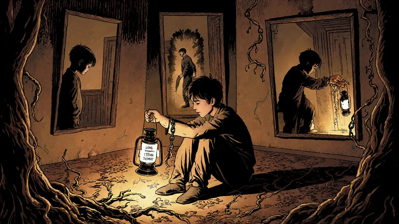 Osoba v klidné místnosti s odrážejícími zrcadly, která zobrazují dětství, zatímco světlo rozptyluje řetězy.