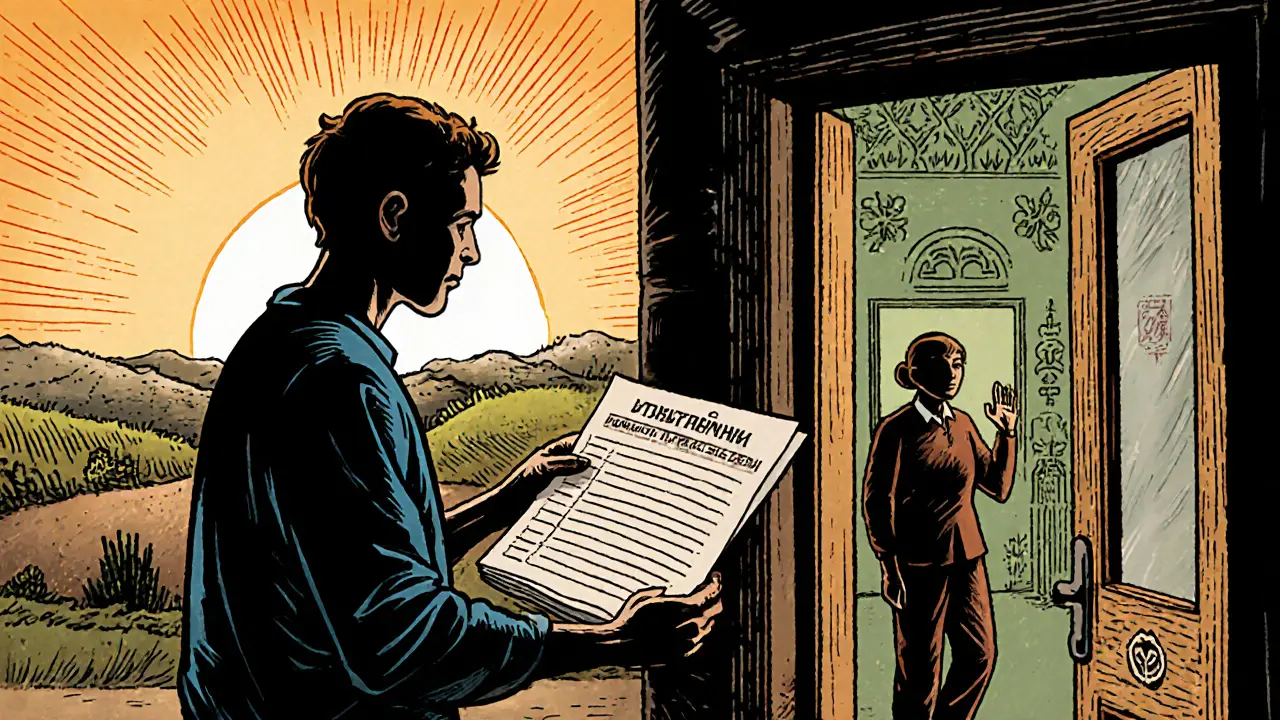 Pacient odchází z centra duševního zdraví s vyplněným indikačním listem a slunečným východem za zády.