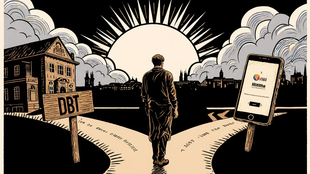 Pacient stojí na rozcestí mezi klinikou a DBT‑Online app, pod rozbřeskem nad Prahou.