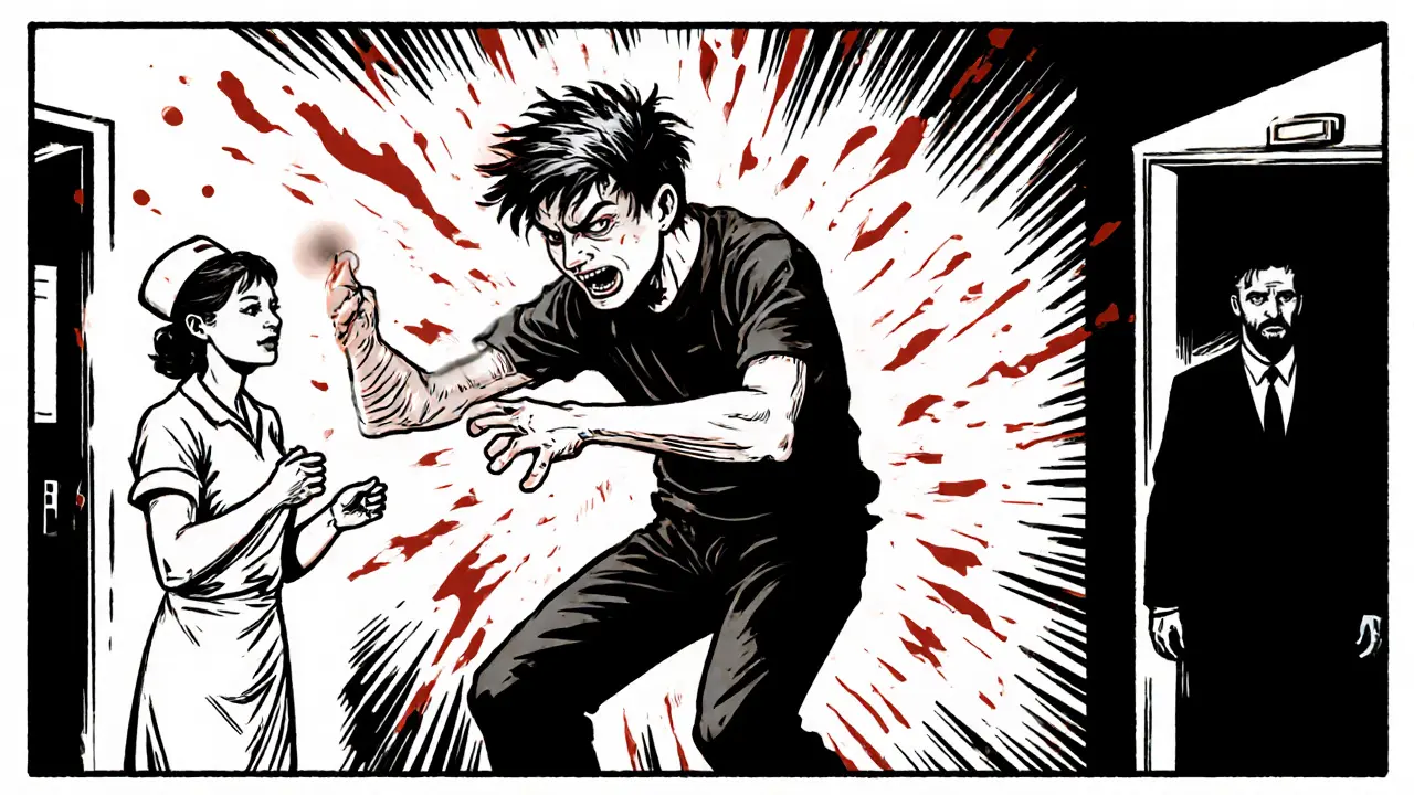 Pacient v akutním psychotickém stavu, zmatený a neschopný komunikace.