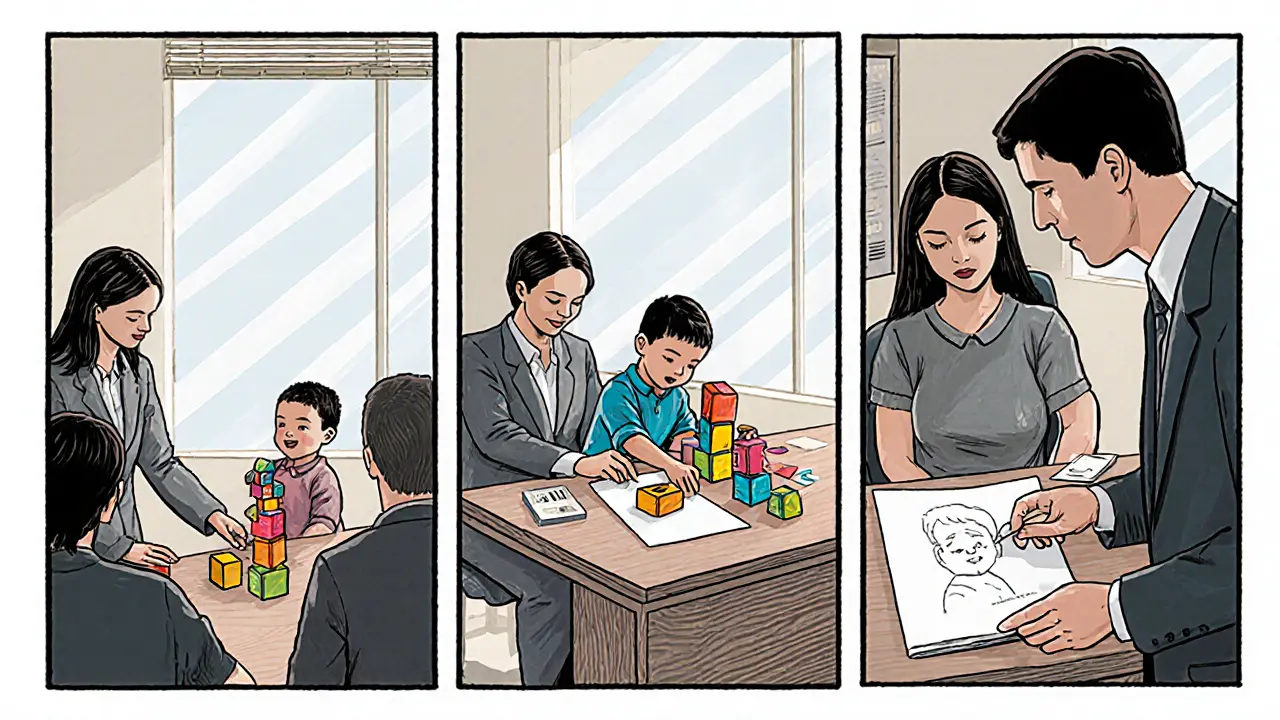 První sezení: psycholog, dítě a hračky při hraní a rozhovoru.