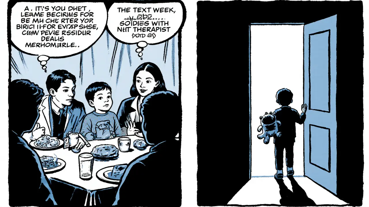 Rodina podporuje dítě po sezení, dítě si jistě vstupuje do místnosti.