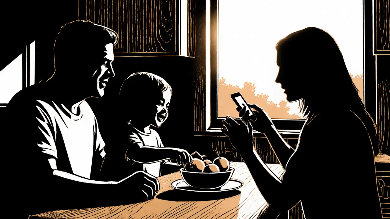 Rodina u snídaně, dítě se usmívá a jí ovoce, sluneční světlo vstupuje oknem.