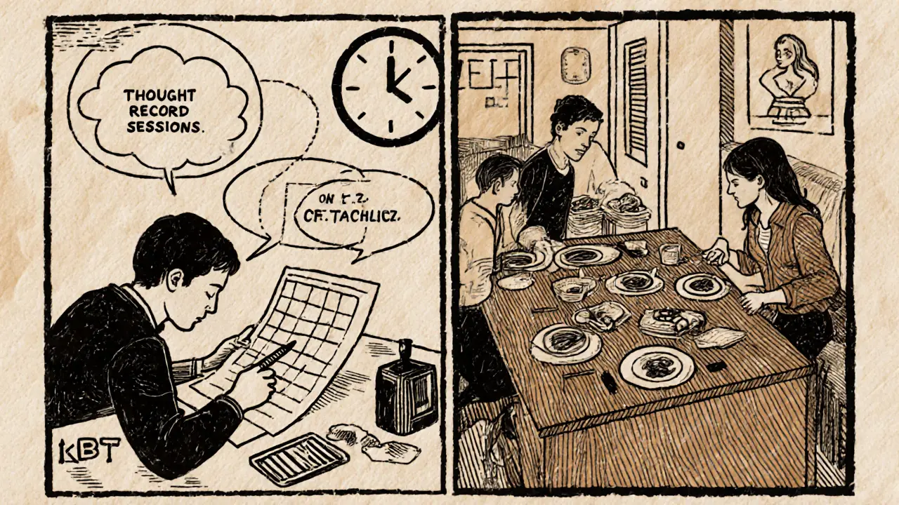 Rozdělený obrázek: levý panel ukazuje adolescenta s terapeutem, pravý panel rodinu u jídla.