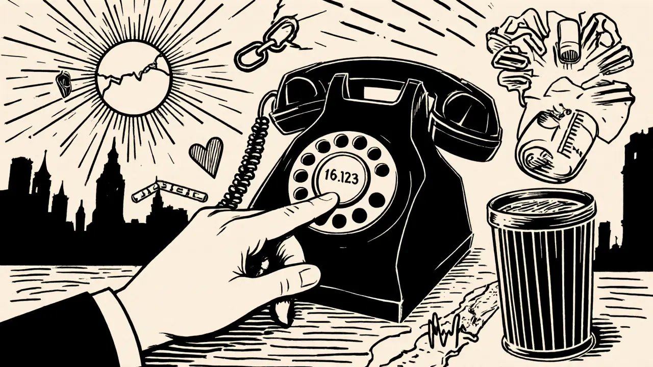 Ruka tlačí na číslo 116 123 na starém telefonu, kolem ní se objevují symboly záchrany a nového začátku.