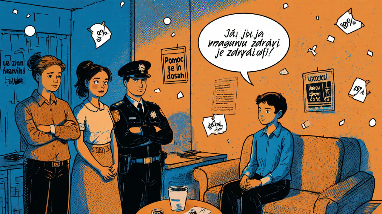 Různí lidé v centru slyší příběh o psychologické pomoci.