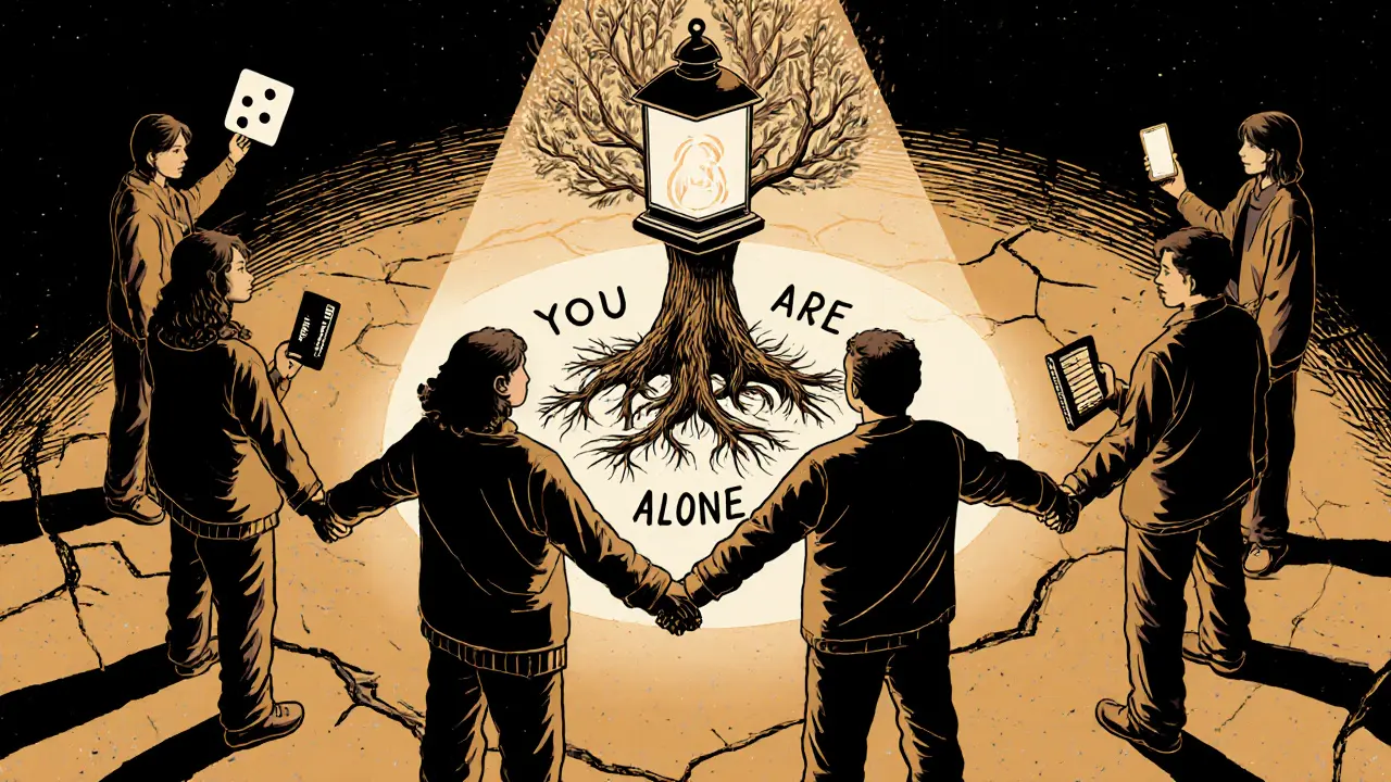 Skupina lidí stojí v kruhu pod světlem lampionu, symbolizující podporu a naději při léčbě závislosti.