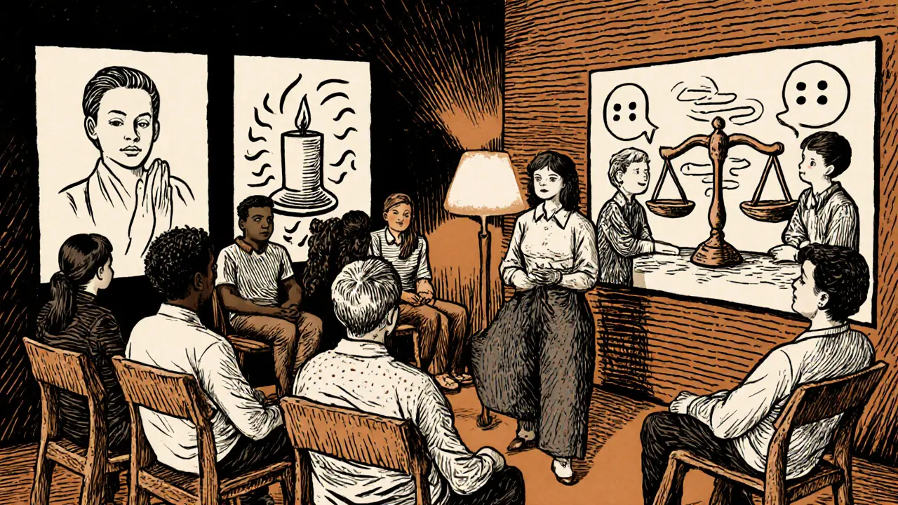 Skupinová terapie DBT v centru ADICARE, znázorňující čtyři hlavní moduly.