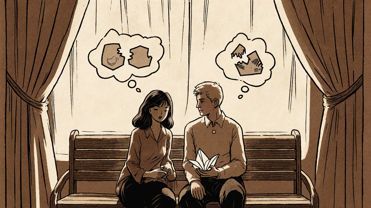 Terapeut a klient sedí vedle sebe, přičemž negativní myšlenky jsou postupně rozkládány do klidu.