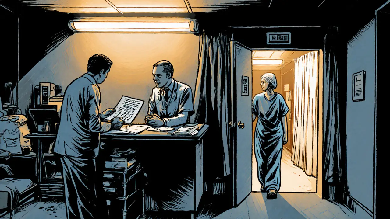 Terapeut a psychiatr rozhodují o hospitalizaci, pacient je doprovázen do oddělení.