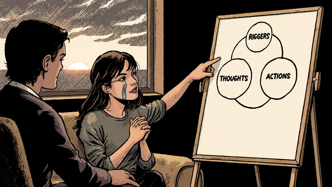 Terapeut ukazuje pacientovi na tabuli s kroky kognitivně-behaviorální terapie v klidné místnosti.