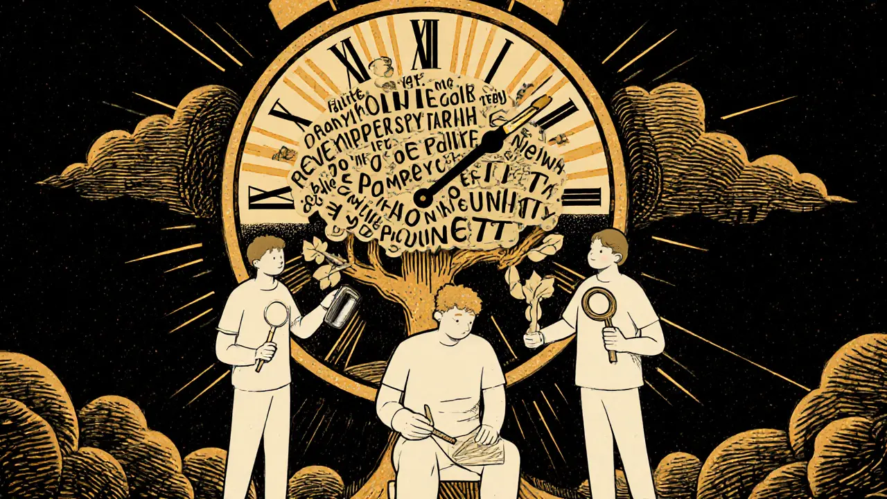 Tři lidé v terapii drží symbolické nástroje, zatímco za nimi roste strom s listy &#039;to stačí&#039;.