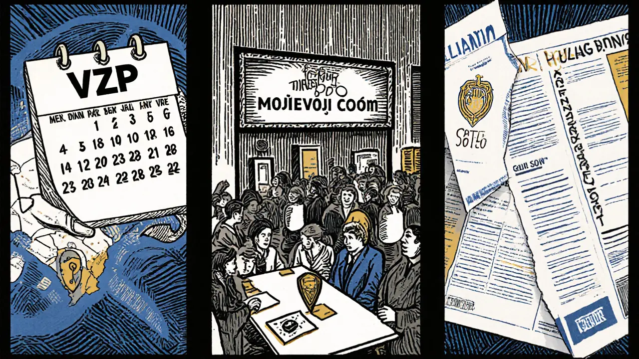 Tři panely ukazují VZP s 24 sezeními, Centrum duševního zdraví s týmem specialistů a soukromé pojištění Allianz.