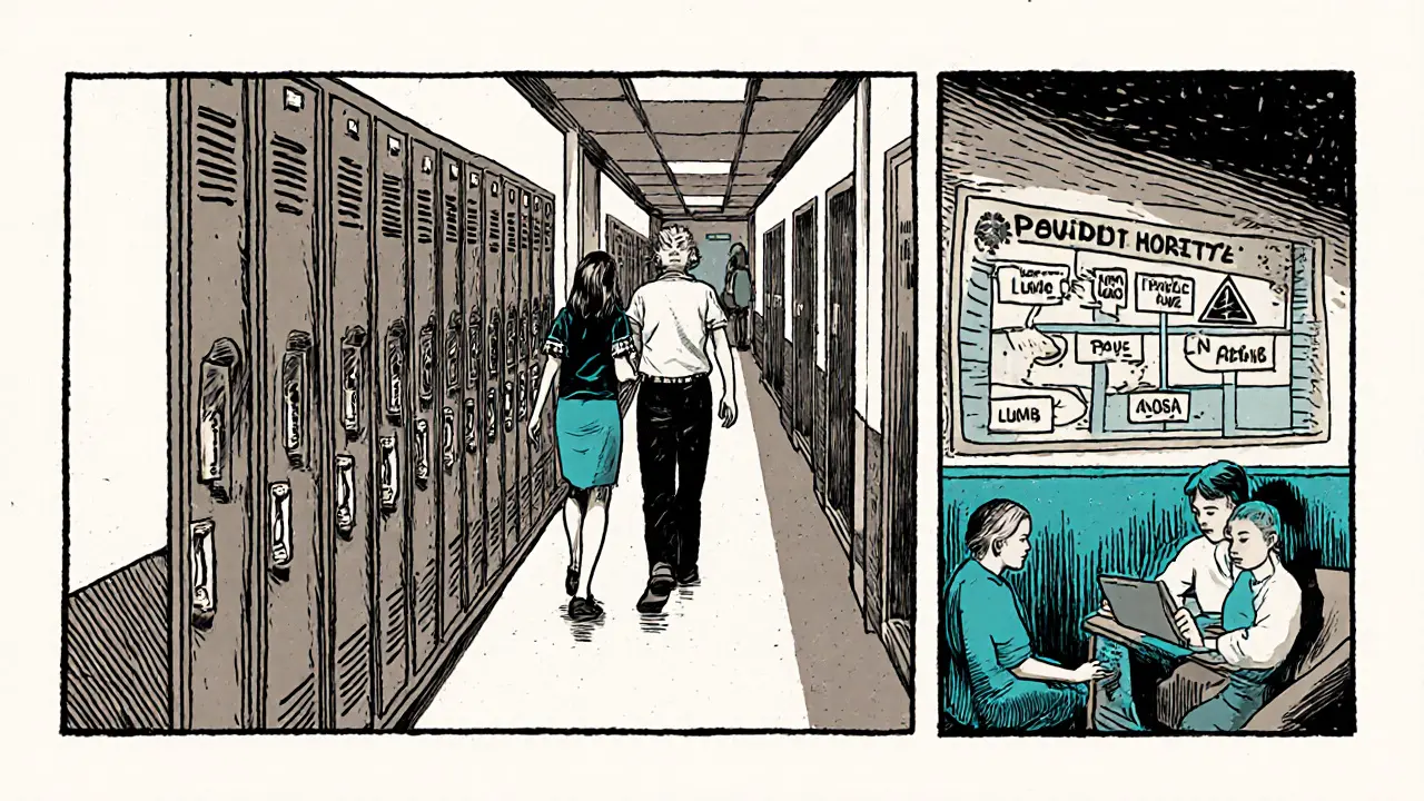 Učitel vede rozrušeného teenagera do klidné místnosti, psycholog připravený s protokolem.