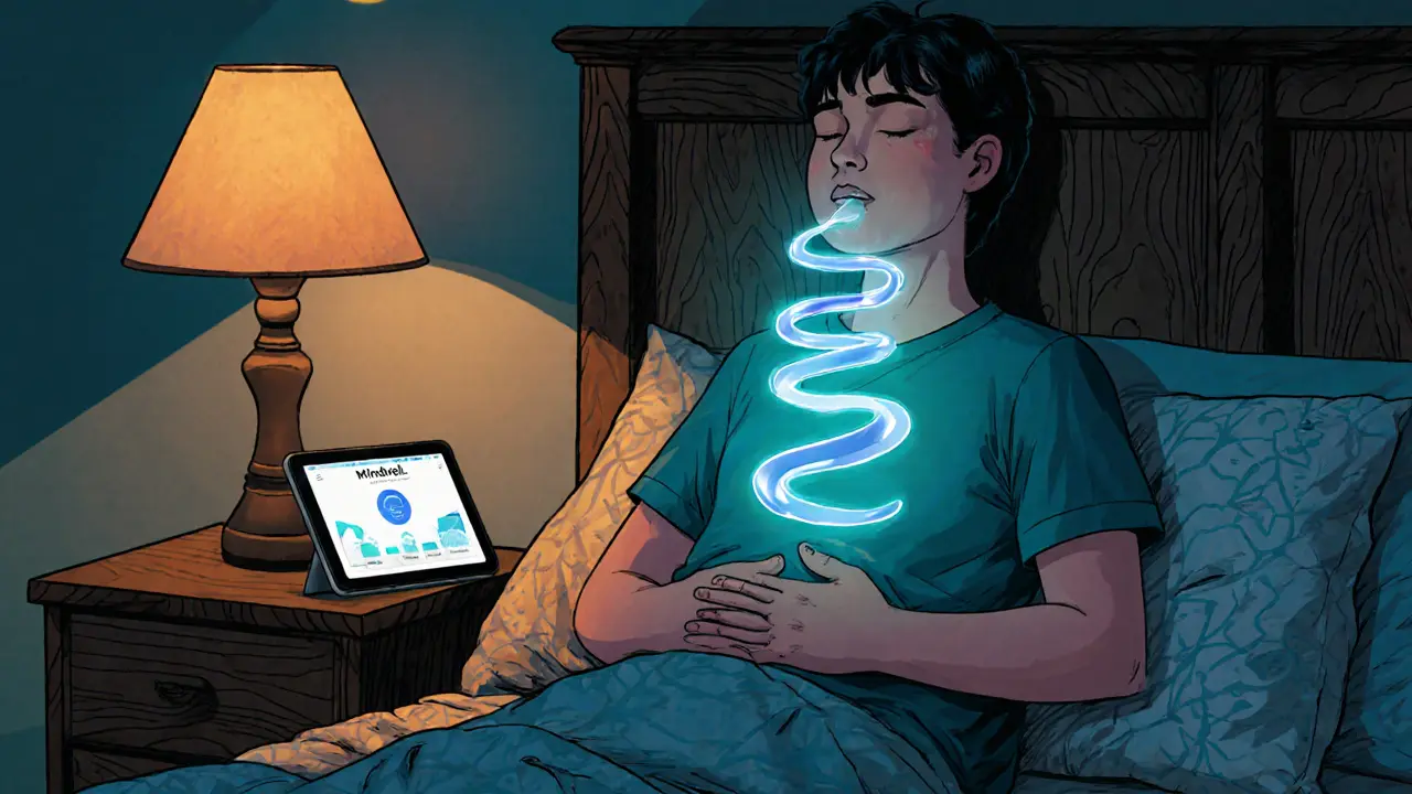 Žena dýchá hluboce v posteli, kolem ní vlny klidu, na nočním stolku tablet s aplikací Mindwell.