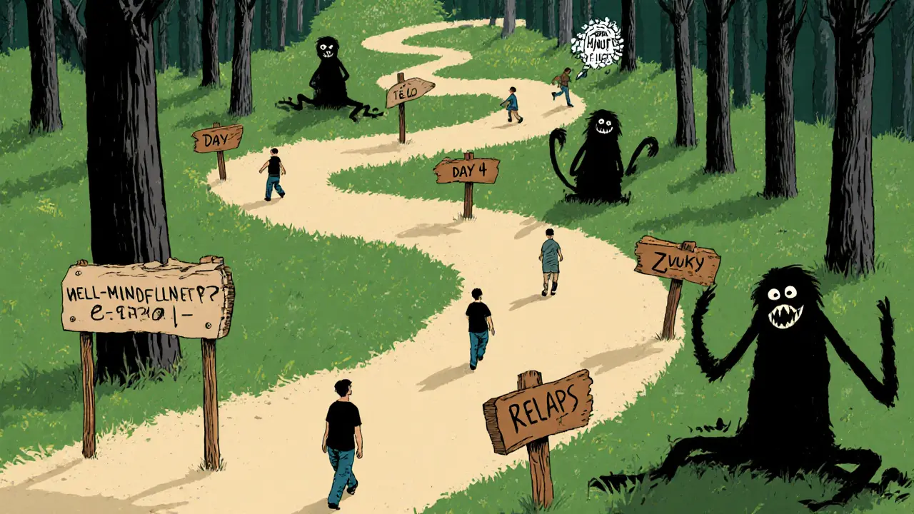 Cesta osmi týdnů mindfulness skrz les, kde postavy překonávají překážky bez úniku od relapsu.